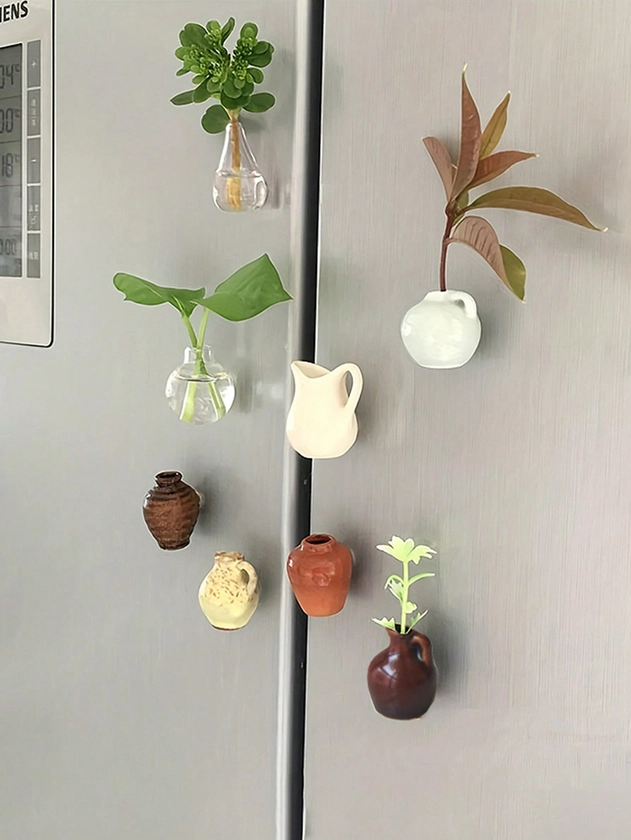 8pcs Mini Ceramics Vase Fridge Magnet Porcelain Vase Refrigerator Magnet Message Sticker Flowers Green Plant Kitchen Gift Home Decor