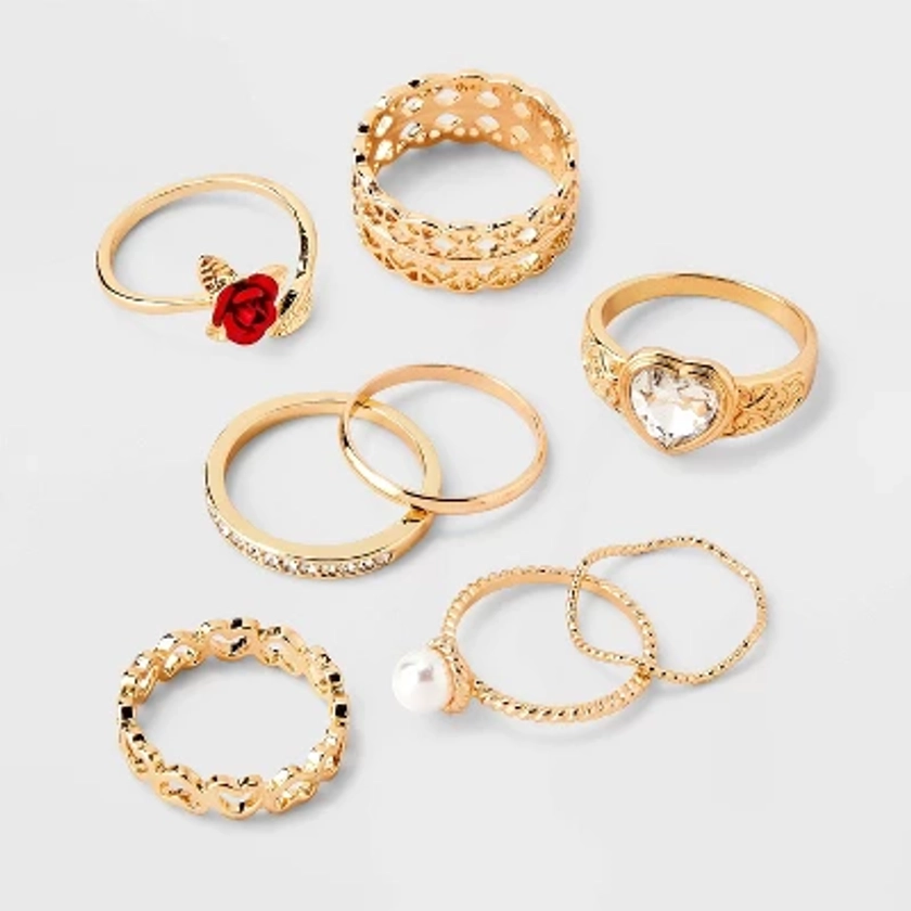 Pearl Heart and Rose Multi Ring Set 8pc - Wild Fable™ Gold