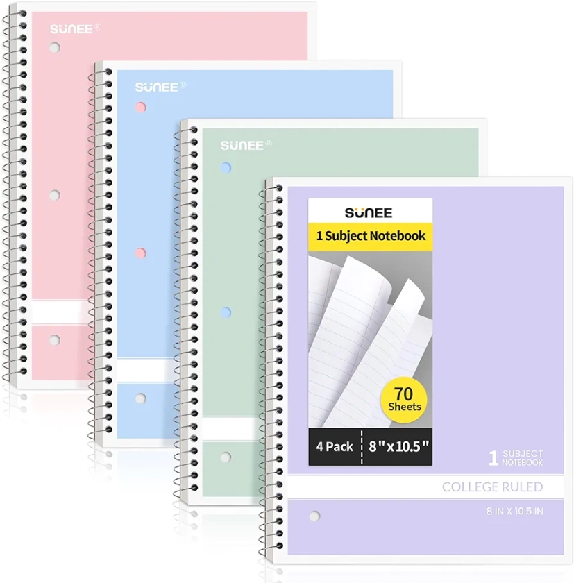 SUNEE Spiral Notebooks College Ruled, 1-Subject, 4 Pack, 8 x 10-1/2 in, 70 Sheets, 3-Hole Punched Paper, Pastel Pink, Purple, Blue, Green for School, Home&Office,Writing Journal
