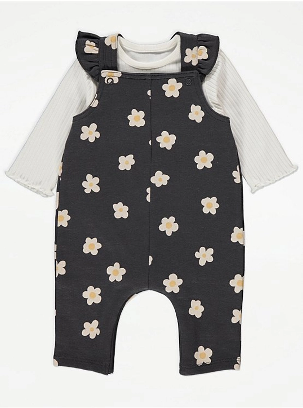 Charcoal Daisy Frill Dungarees and Bodysuit Outfit