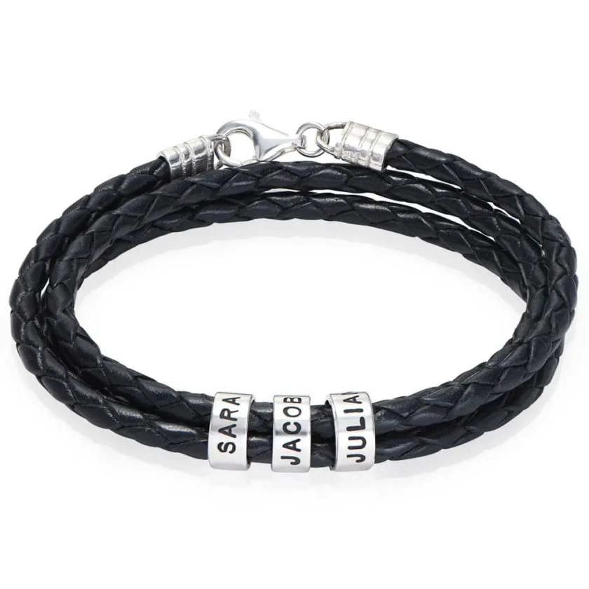 Navigator Braided Leather Bracelet for Men with Custom Beads in Sterling Silver