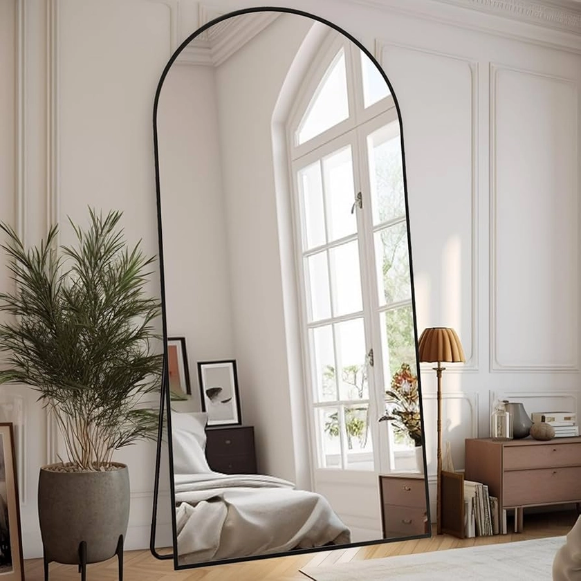 Arched Full Length Mirror, 76''×34'' Oversized Full-Body Mirror with Stand, Standing Mirror Hanging or Leaning, Living Room, Bedroom, Gym, Aluminum Alloy Frame-Black