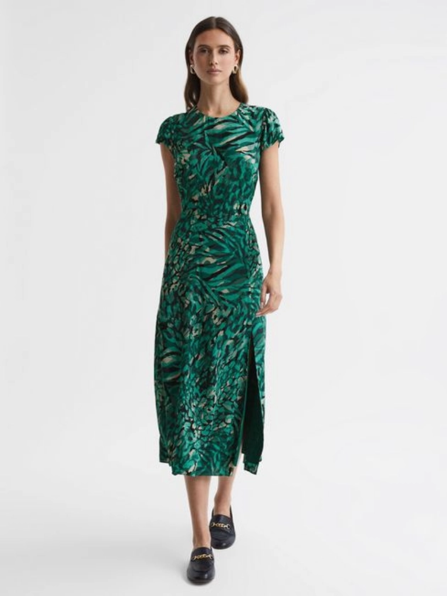 Printed Cut Out Fitted Midi Dress in Green - REISS