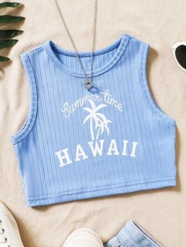 SHEIN Tween Girl Coconut Tree & Letter Graphic Tank Top