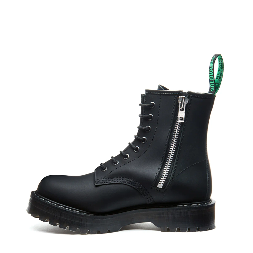 Black Greasy 8 Eye Zipped Platform Derby Boot | Solovair | Handmade in England