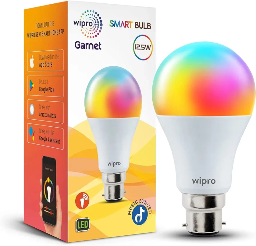 Buy Wipro 12.5W B22D Wi-Fi Smart LED Bulb with Music Sync | Voice Control with Alexa, Google Asst | App Control |16 M Colours, White Tunable - Warm, Neutral & Cool White +Dimmable | Scenes | Pack of 1 Online at Low Prices in India - Amazon.in