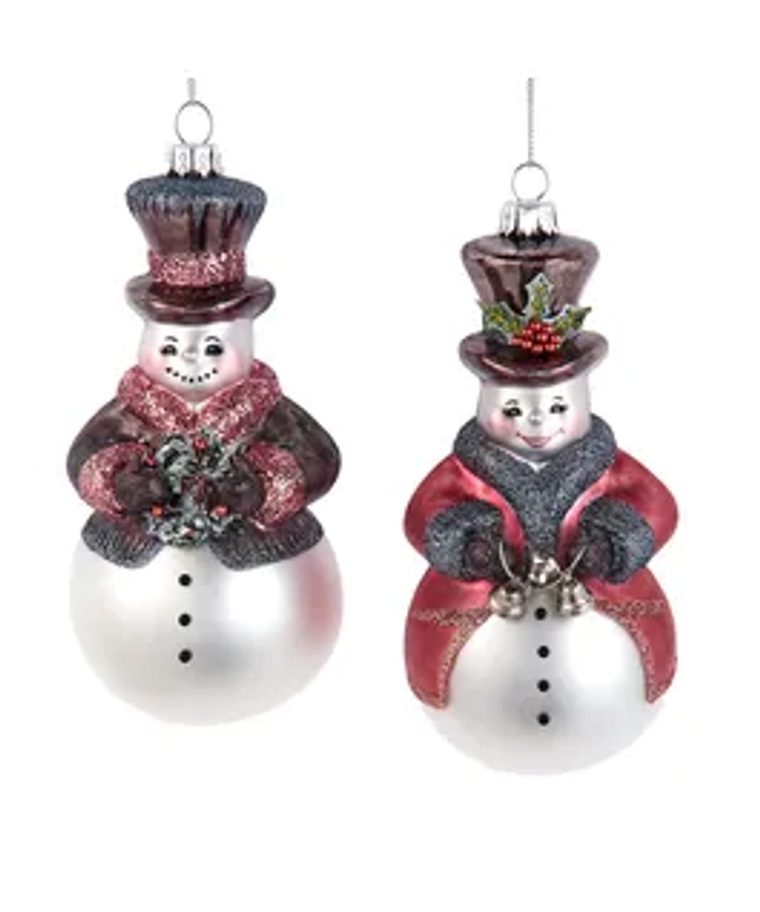 Glass Pink & Pewter Snowman Ornaments, 2 Assorted