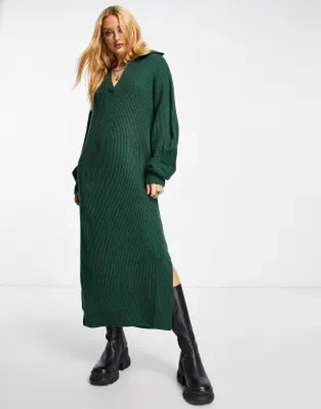 ASOS DESIGN - Robe longue en maille à col ouvert - Vert foncé | ASOS