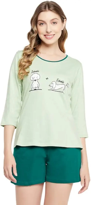 Buy Clovia Women's Graphic & Text Print Top & Chic Basic Shorts in Green - 100% Cotton (LS0661D11_Green_XL) at Amazon.in
