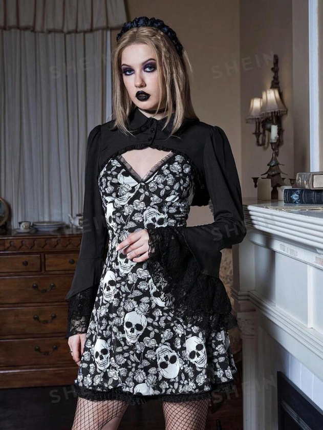 ROMWE Goth Blusa súper corta de encaje con contraste sólido, escolar