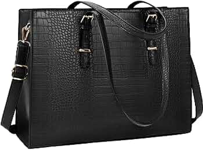Laptop Bag for Women 15.6 inch Laptop Tote Bag Leather Computer Briefcase for Work Waterproof Handbag Shoulder Bag Women Business Office Bag Black