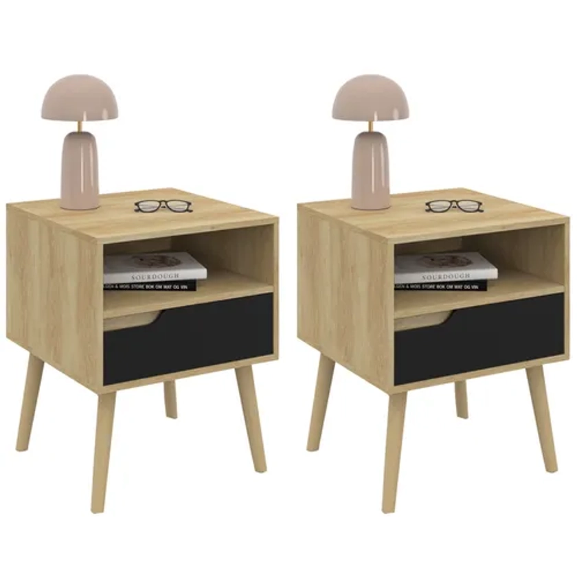 Lot De 2 Tables De Chevet Helsinki Scandinaves 1 Tiroir Avec Niche Effet Hêtre Et Noir - Table de chevet BUT