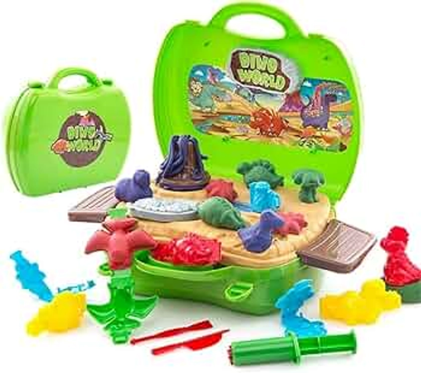 Deardeer Kids Play Color Dough Dinosaur Play Set 26 Pcs Pretend Play Toy Kit with Dough and Moulds in a Portable Case