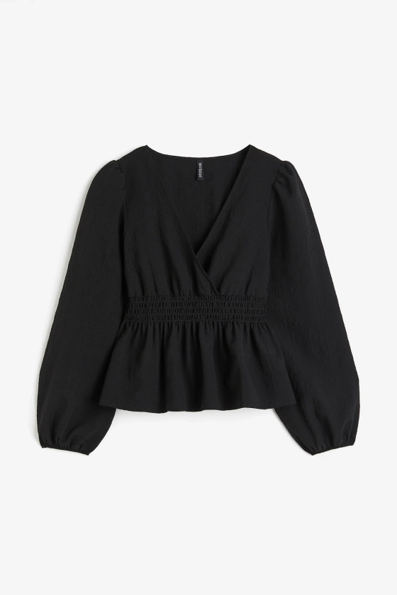 Blouse en crêpe avec manches bouffantes - Encolure en V - Manches longues - Noir - FEMME | H&M FR