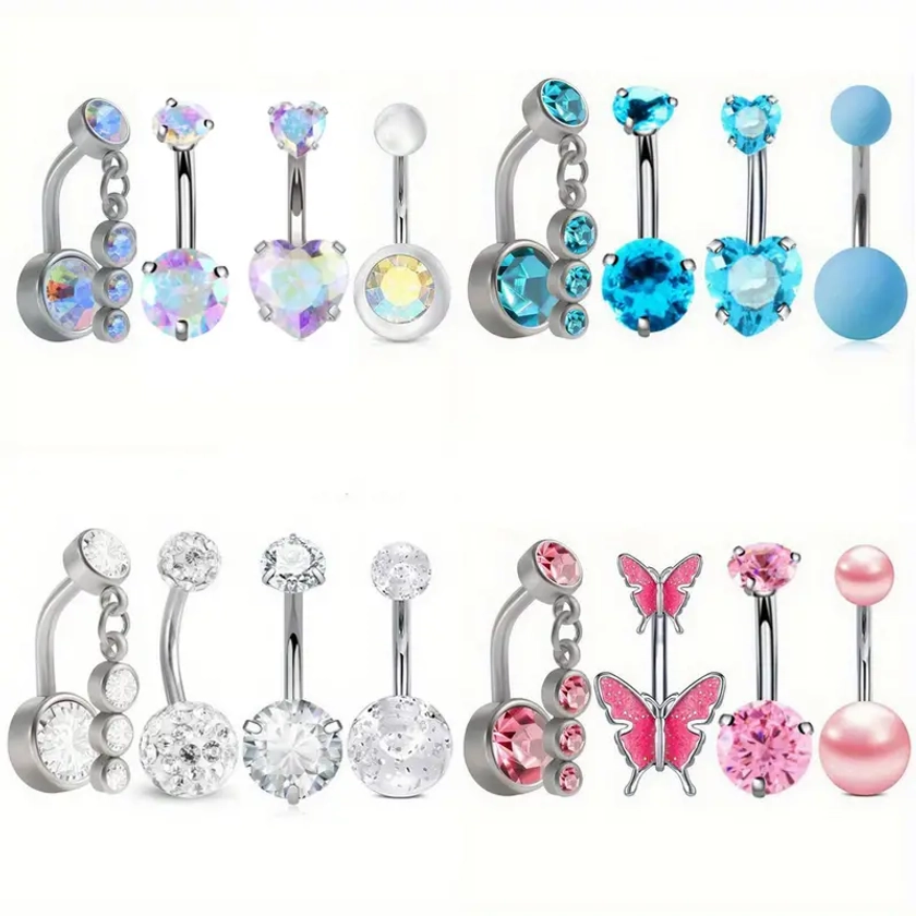 16G Stainless Steel Belly Button Rings Set of 4, Cubic Zirconia Navel Piercing Jewelry, Sexy Cute Non-Plated Body Jewelry for All Seasons, Daily and Party Wear - Mixed Designs