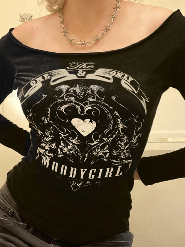 Vintage Heart Print Off Shoulder Long Sleeve Tee