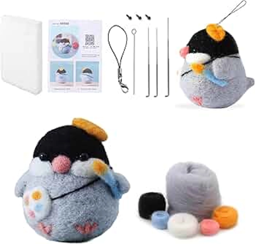 WanderGo Needle Felting Kits for Beginners, 15 Pcs Soft Wool Felting Kits for Beginners Adults, Cute Gray Penguin Needle Felt Kit for DIY Craft Birthday Gift Home Decoration