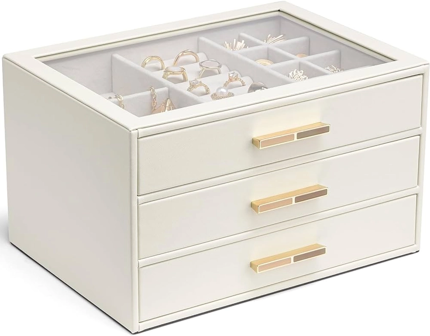 Amazon.com: Vlando Jewelry Box for Women, Glass Lid Jewelry Organizer with 3 Drawers for Necklaces Rings Earrings Bracelets - White : Clothing, Shoes & Jewelry