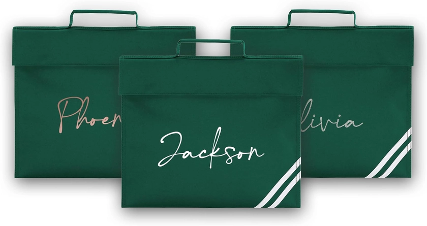 Personalised Book Bag School Kids Children's Boys Girls Junior Toddlers Any Name Glitter Lunch Organiser Swimming P.E Bag Handwriting (Bottle Green) : Amazon.co.uk: Fashion