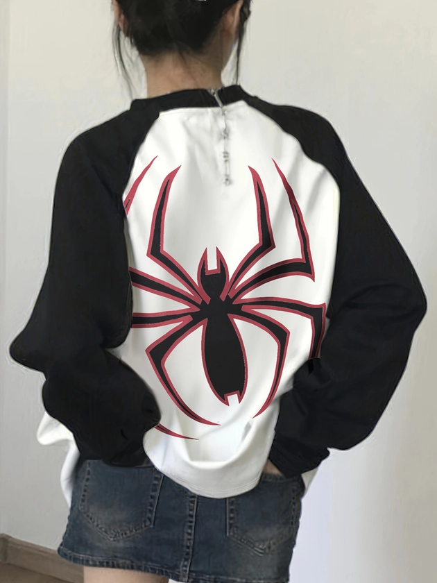 Spider Web Print Crew Neck T-Shirt, Casual Raglan Sleeve T-Shirt For Spring &amp; Fall, Women&#39;s Clothing