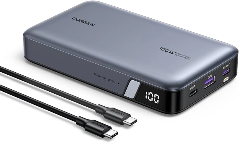 UGREEN 100W Power Bank 20000mAh Carga Rápida, USB C Cargador Portátil con 3 Puertos, Pantalla Digital, Batería Portátil Externa Compatible con Macbook, Portátil, iPhone 15/14, Galaxy S24 S23, Negro