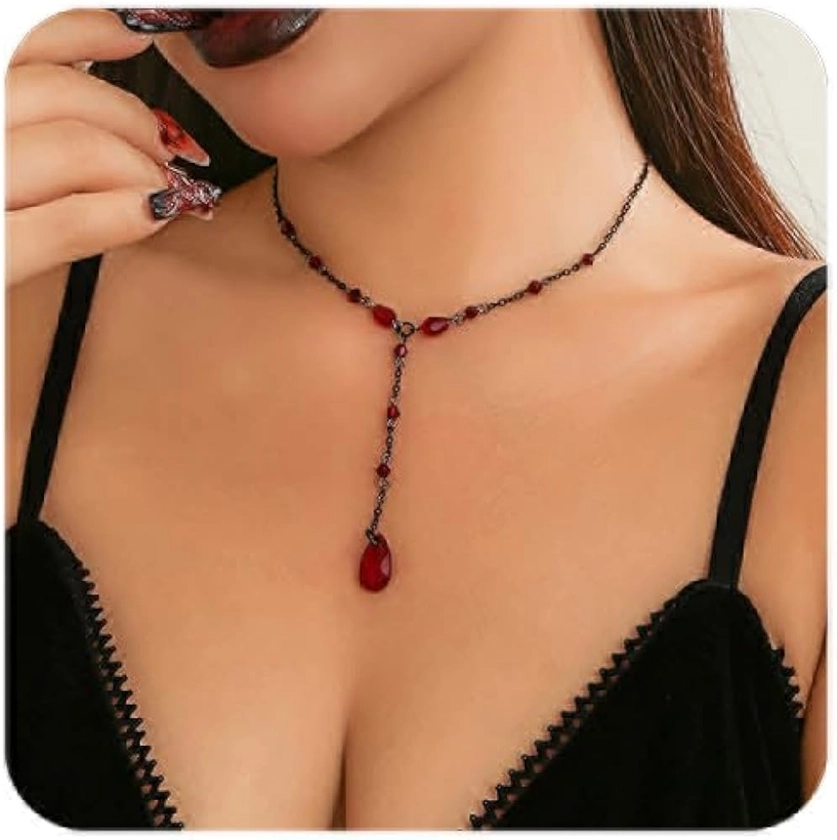 Retro Gothic Blood Drop Y-Shaped Necklace Black/Red Crystal Teardrop Pendant Necklace Y2k Grunge Necklace Halloween Cosplay Jewellery for Women Girls