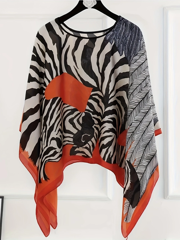 Plus Size Zebra Print Blouse, Elegant Crew Neck Batwing Sleeve Blouse For Summer, Women's Plus Size Clothing