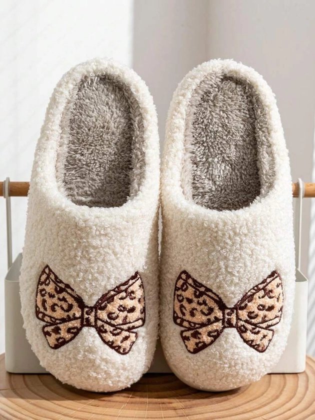 Women Leopard Print Bow Embroidery Flat Warm Winter House Slippers