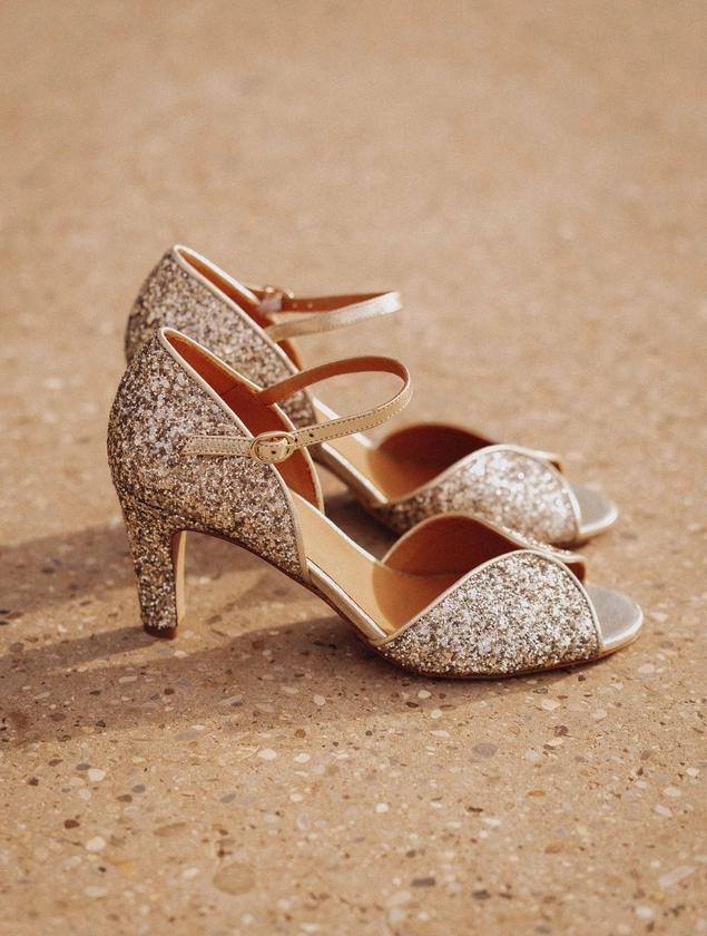 Holly Pluie Dorée - Sandales escarpins à talons mi-hauteur en paillettes glitter doré - Chaussures de mariage et cérémonie