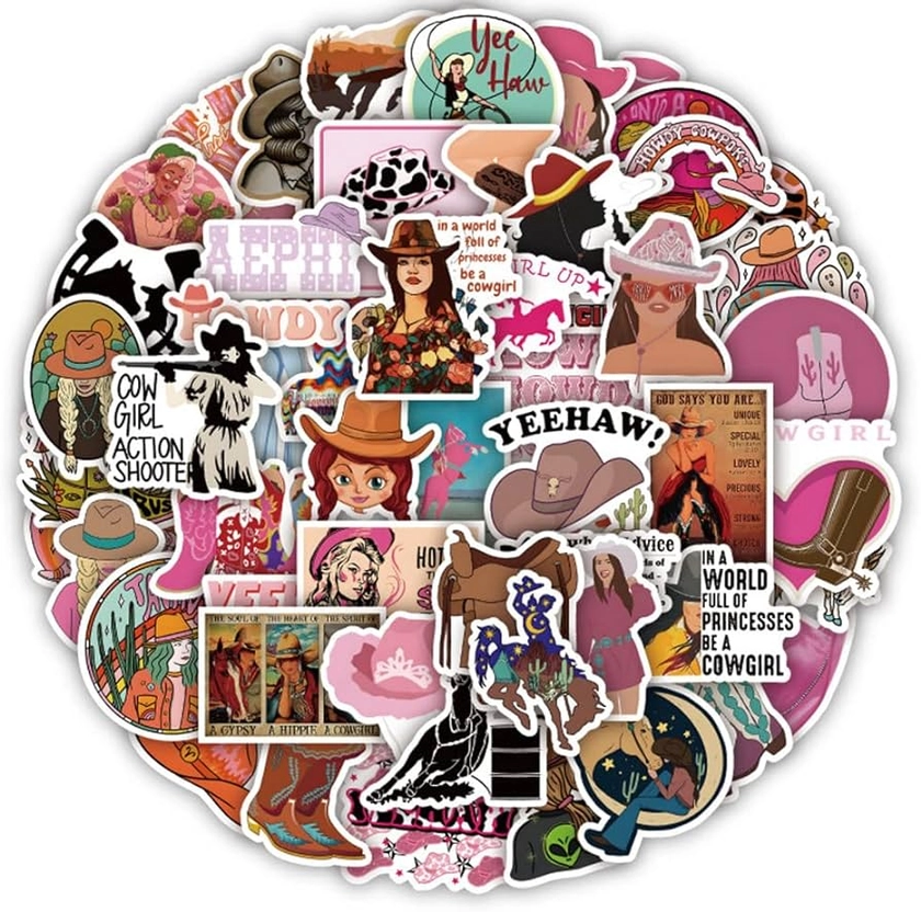 50PCS Cowgirl Stickers,Pink Cowgirl Hat Western Cowgirl Boots Vinyl Waterproof Aesthetic Stickers for Water Bottles Laptop Phone Computer Guitar