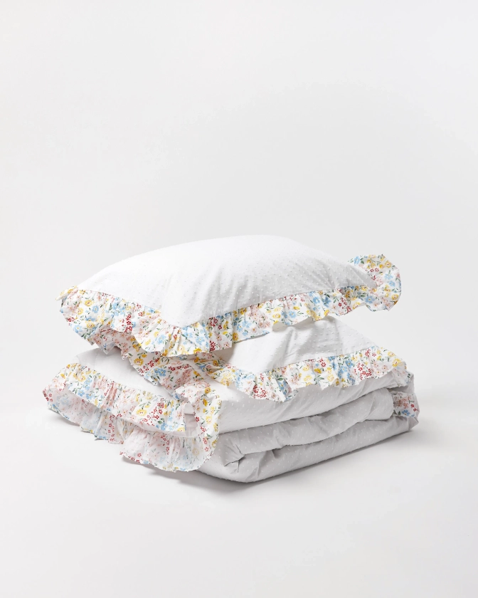 Floral Ruffle White King Duvet & Pillowcases Bed Linen Set