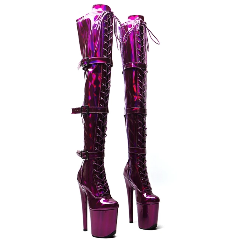 Leecabe 20CM/8inches holography shiny PU Upper young trend fashion High Heel platform stripper heel Pole Dance boot