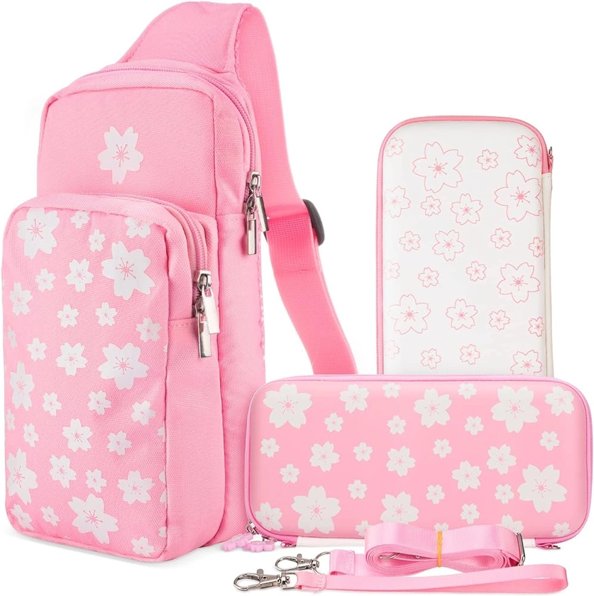 Weewooday Carrying Case Compatible with Nintendo Switch, Switch Lite, Switch Accessories, Cute Pink Case Shoulder Bag Sakura Portable Shoulder Crossbody Sling Carrying Storage Bag, 2 Pcs