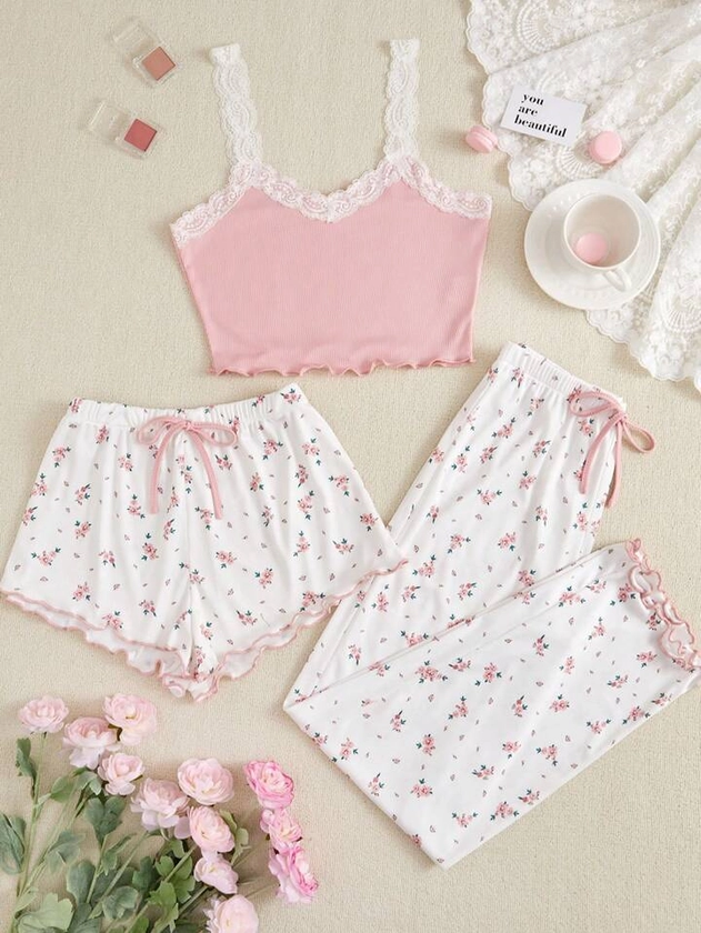 Shein CottageSlumber Women's Lace Trim Cami Top And Floral Print Shorts & Long Pants Pajama Set