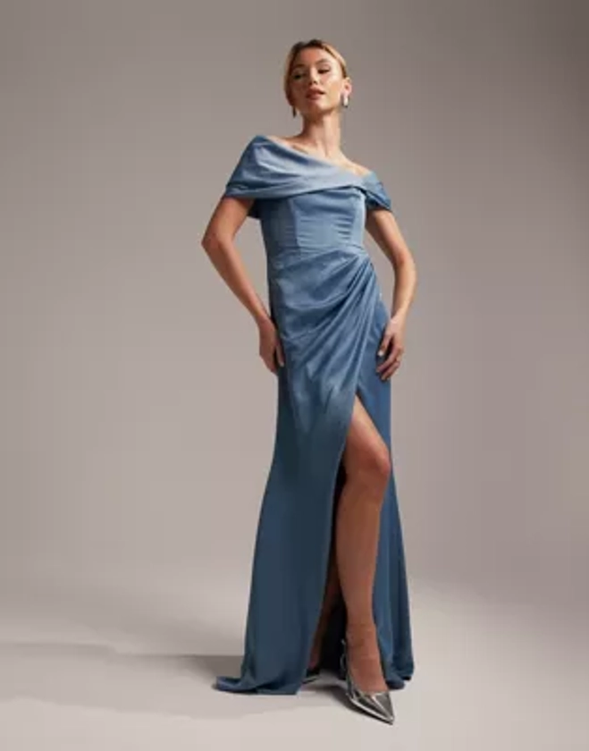 ASOS DESIGN Bridesmaid satin off the shoulder drape wrap maxi dress in dusky blue | ASOS