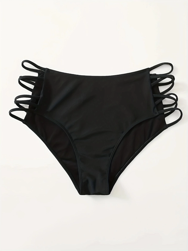 Women's Elegant Bikini Bottoms, Plus Size Criss Cross Hollow Out Solid Color Medium Stretch Swimwear Swim Briefs