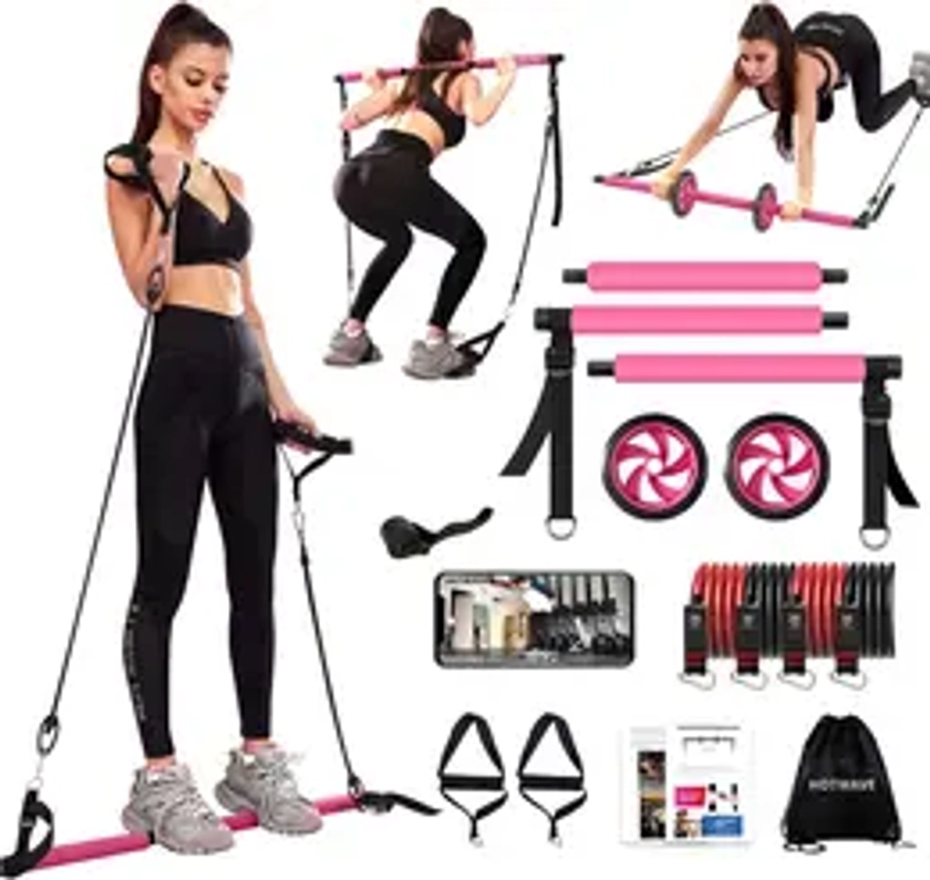 HOTWAVE Pilates Bar Kit with 4 Resistance Bands for Full-body Workout - Portable Home Gym for 30 Exercises