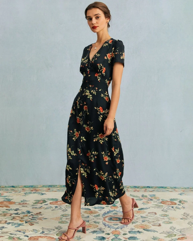 The Black V Neck Floral Short Sleeve Maxi Dress - Short Sleeve Day&Evening Casual Maxi Dress - Black - Dresses | RIHOAS