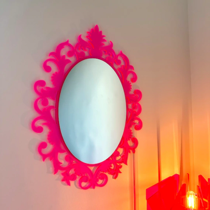 Vintage-style Acrylic Mirror Fluorescent Pink Mirror, Boho Chic Home Accessories, Acrylic Wall Art Mirror, Art Deco Design, Pink&yellow - Etsy