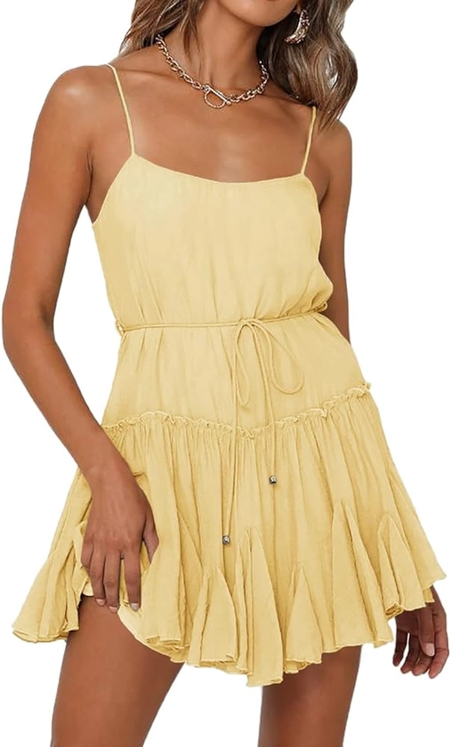 Onedreamer Women Summer Dress Spaghetti Strap Waist Tie Ruffle Mini A Line Flowy Tiered Short Dresses Yellow at Amazon Women’s Clothing store