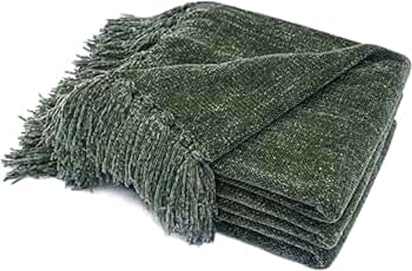 RECYCO Throw Blanket Soft Cozy Chenille Throw Blanket with Fringe Tassel for Couch Sofa Chair Bed Living Room Gift (Dark Green, 60" x 80")