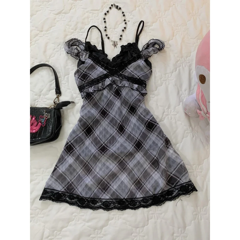 Vintage retro plaid temperament suspender skirt