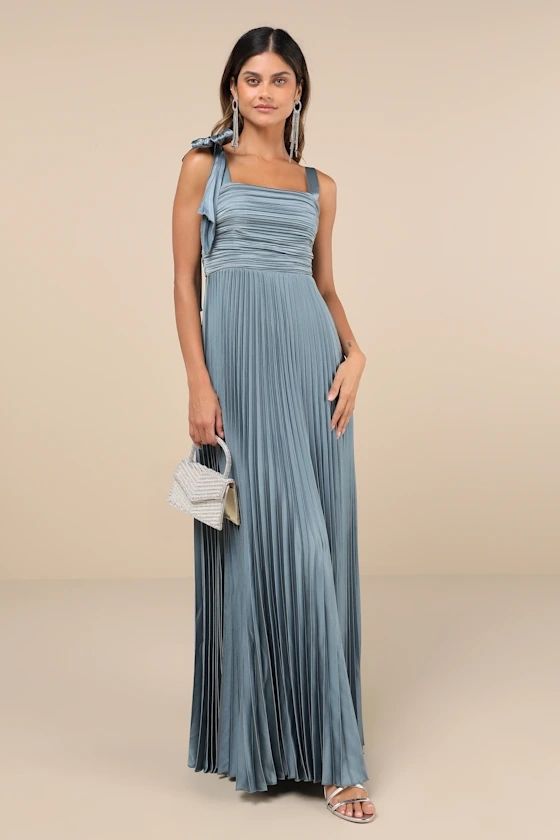 Gorgeous Purpose Slate Satin Pleated Sleeveless Bow Maxi Dress