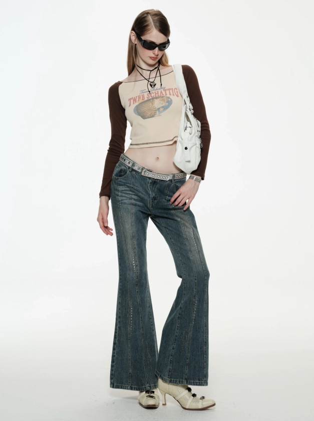 Low Waisted Rhinestone Flare Jeans