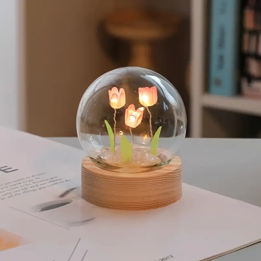 1pc Creative 3 Tulip Night Light, DIY Material Kit, Pure Handmade Desk Lamp For Room & Bedroom Decoration, Atmosphere Light, Small Desk Ornament, Birt