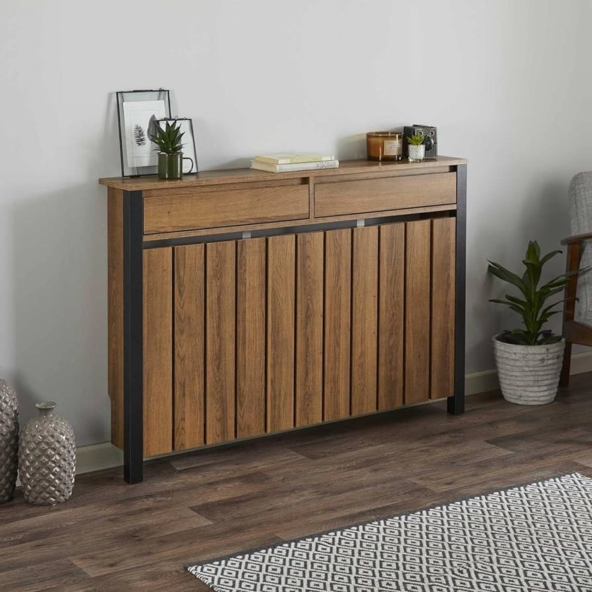 Radiator Cover Black & Wood Plywood Cabinet Vertical Slat Storage Drawer & Shelf Medium