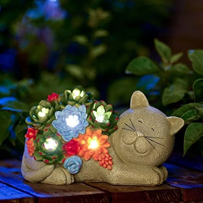 Yeomoo Figurine de chat solaire - Décoration de jardin pour l'extérieur - Avec plantes succulentes - Lampe solaire LED amusante - Cadeau pour les amoureux des chats - Cadeau d'anniversaire pour : Amazon.com.be: Jouets