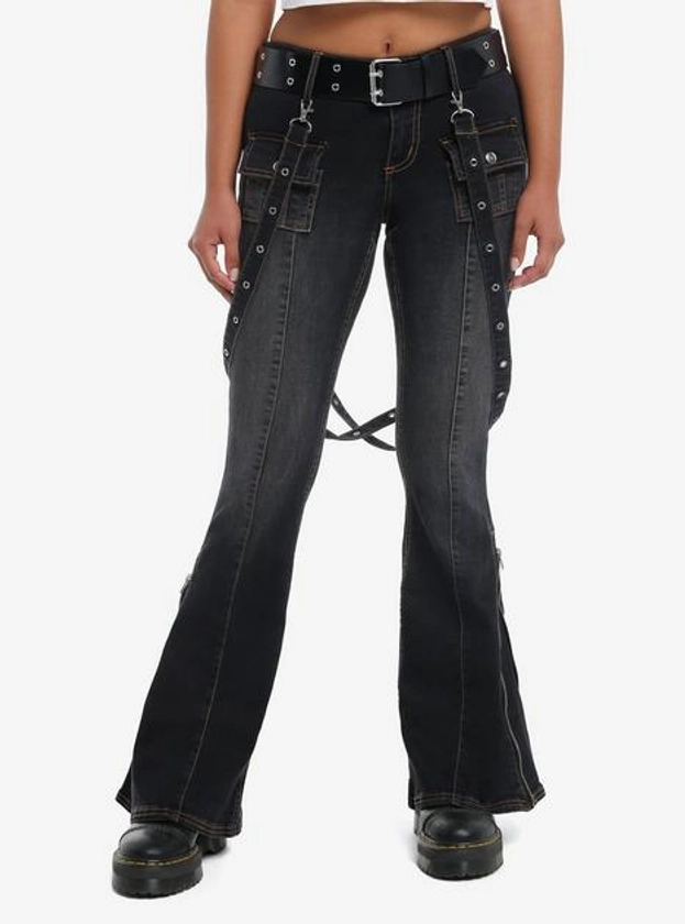 Dark Wash Grommet Suspender Flare Denim Pants With Belt | Hot Topic