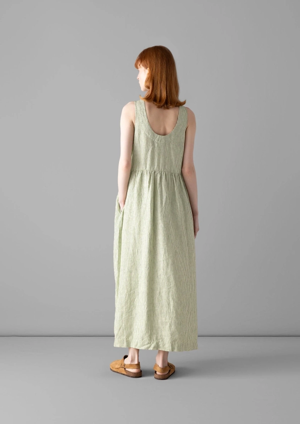 Scoop Neck Linen Stripe Dress | Olive
