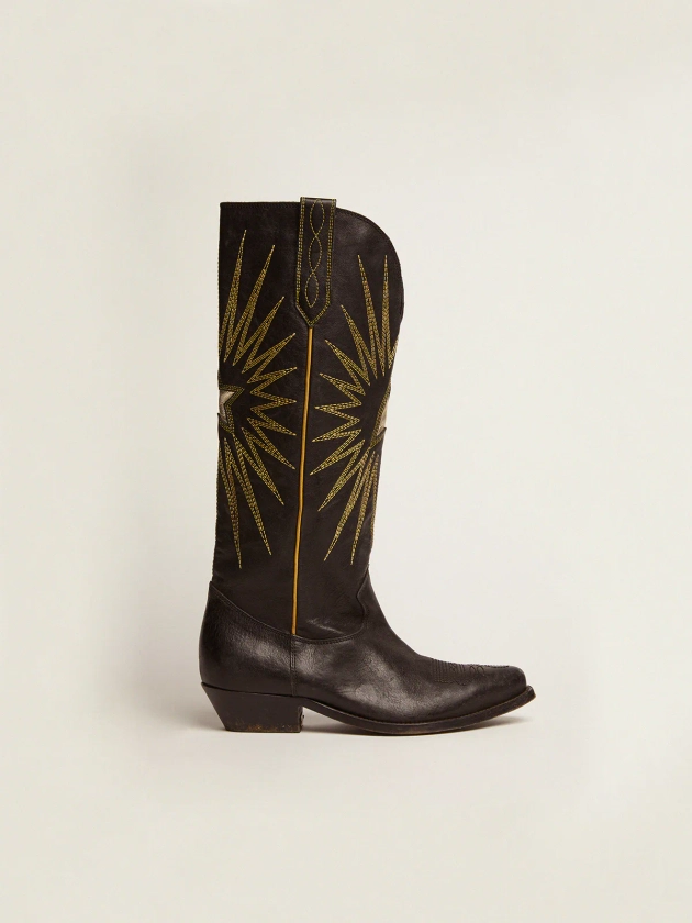 Women's boots in black leather with platinum star inlay | Golden Goose